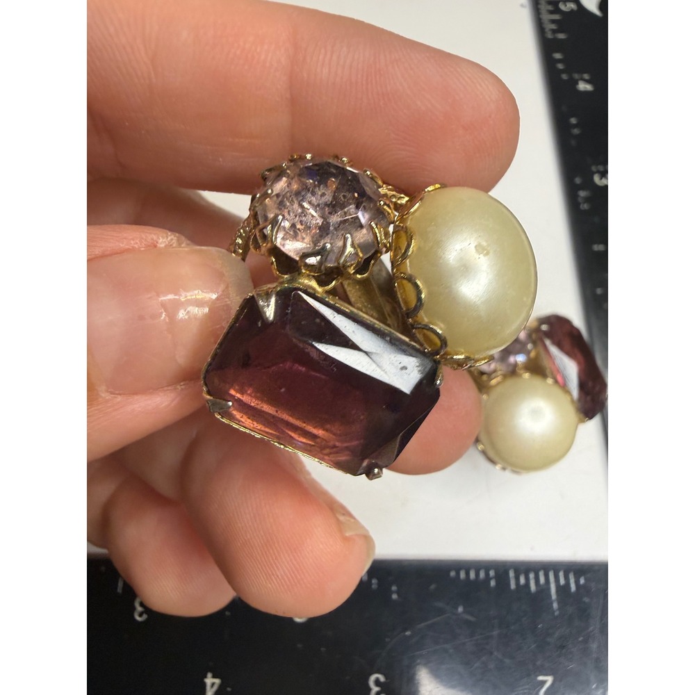 Vintage Gold Tone Faux Pearl Purple Glass Pink Rhinestone Cluster Clip Earrings